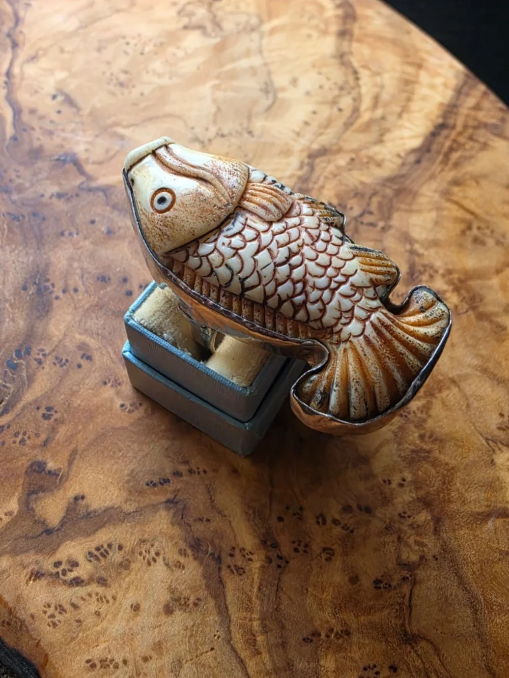 Handmade Sterling & Carved Bone (?) Koi Ring